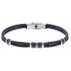 Bracelet acier 2 tons  - cuir italien noir - 21,5cm - réglable