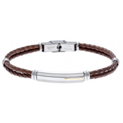 Bracelet acier - cuir tressé italien marron - or jaune 18KT 0,04g -  21,5cm - réglable