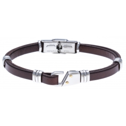 Bracelet acier - cuir italien marron - or jaune 18KT 0,03g -  21,5cm - réglable