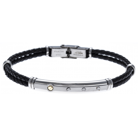 Bracelet acier - cuir tressé italien noir - or jaune 18KT 0,02g -  21,5cm - réglable