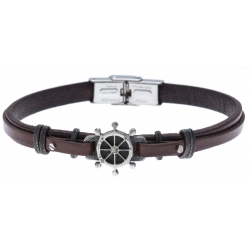 Bracelet acier - cuir italien marron - roue -  21,5cm - réglable