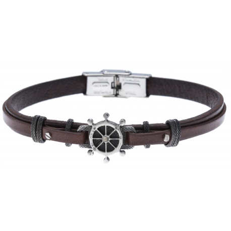Bracelet acier - cuir italien marron - roue -  21,5cm - réglable
