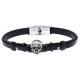 Bracelet acier - cuir italien noir - tête de mort -  21,5cm - réglable