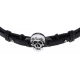 Bracelet acier - cuir italien noir - tête de mort -  21,5cm - réglable