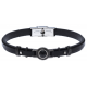 Bracelet acier - cuir italien noir  -  21,5cm - réglable