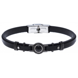 Bracelet acier - cuir italien noir  -  21,5cm - réglable