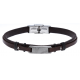 Bracelet acier - cuir italien marron  - plaque - 21,5cm - réglable