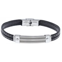 Bracelet acier - cuir synthétique - surpiqure blanche - deux câbles acier - 21,5cm - réglable
