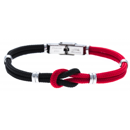 Bracelet acier nœud marin - corde nautique - noir et rouge - 21,5cm - réglable