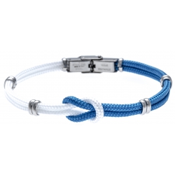 Bracelet acier nœud marin - corde nautique - blanc et bleu clair - 21,5cm - réglable