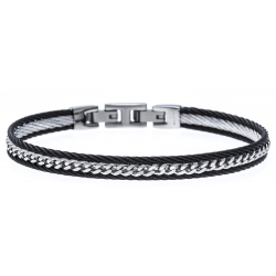 Bracelet acier 2 tons - 2 câbles acier noir - chaine acier blanc - 19,5+1,5cm - réglable