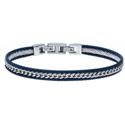 Bracelet acier 2 tons - 2 câbles acier bleu - chaine acier blanc - 19,5+1,5cm - réglable