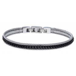 Bracelet acier 2 tons - 2 câbles acier blanc - chaine acier noir - 19,5+1,5cm - réglable