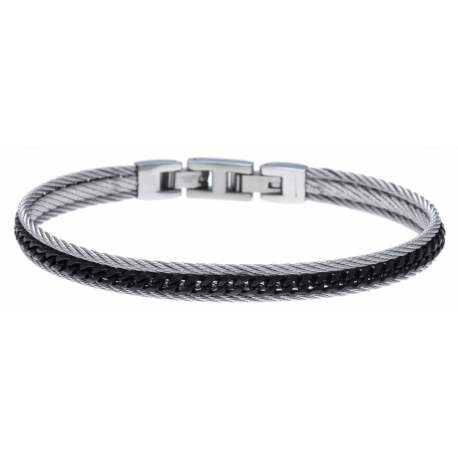Bracelet acier 2 tons - 2 câbles acier blanc - chaine acier noir - 19,5+1,5cm - réglable