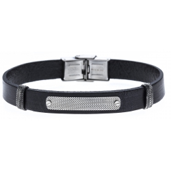 Bracelet acier - cuir italien noir - plaque vieillie -  21,5cm - réglable