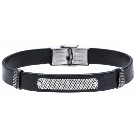 Bracelet acier - cuir italien noir - plaque vieillie -  21,5cm - réglable