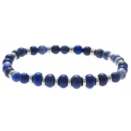 Bracelet acier pour homme - élastique - agate teinté en bleu - lapis lazuli - 21cm