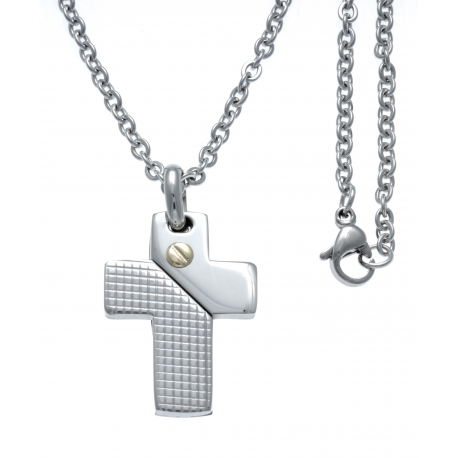 Collier acier - croix - vis or jaune 18KT 0,02g - 45+5cm