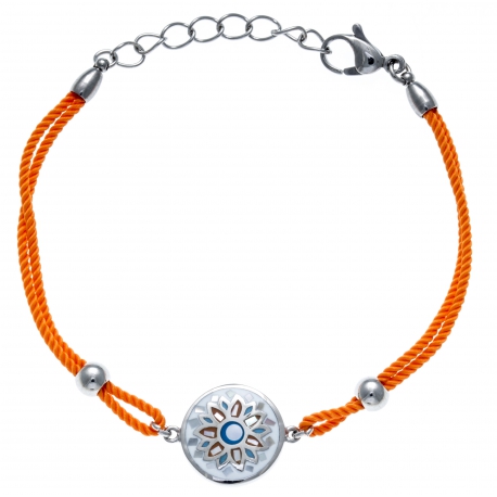 Bracelet acier - nacre - émail - coton orange - 17+3cm