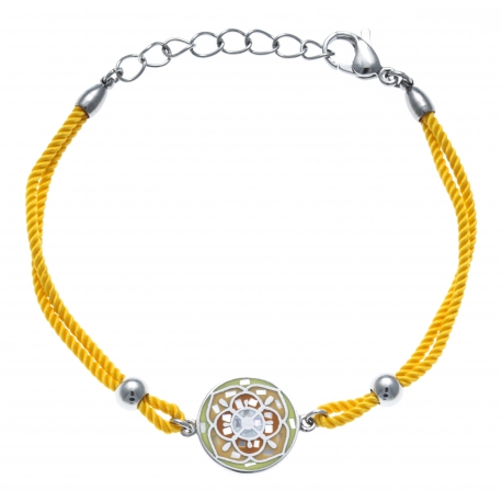Bracelet acier - nacre - émail - coton jaune - 17+3cm