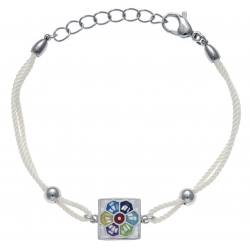 Bracelet acier - nacre - émail - coton beige - 17+3cm