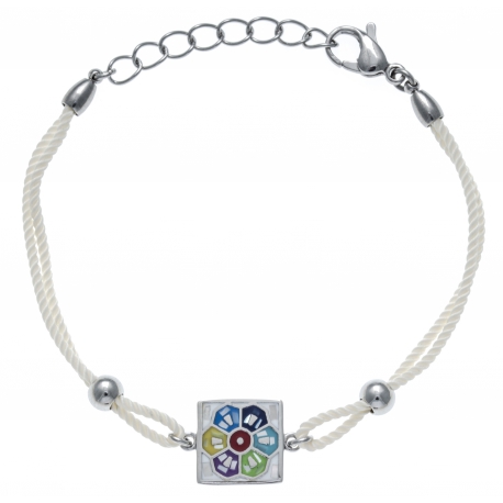 Bracelet acier - nacre - émail - coton beige - 17+3cm