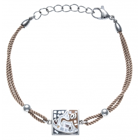 Bracelet acier - nacre - émail - coton marron - 17+3cm