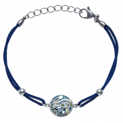 Bracelet acier - nacre - émail - coton bleu foncé - 17+3cm