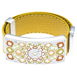 Bracelet acier - émail - nacre - cuir jaune moutarde - largeur 2cm - longueur 23,5cm