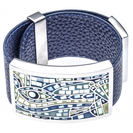 Bracelet acier - émail - nacre - cuir bleu - largeur 3cm - longueur 23,5cm