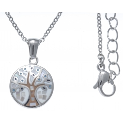 Collier en acier - nacre - émail - arbre de vie petit volume - diamètre 1,5cm - longueur 38+5cm