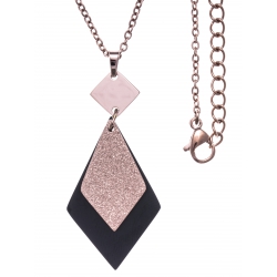 Collier acier 2 tons - rosé satiné et noir - losange - chaîne rosée - 45+5cm