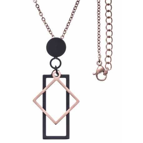 Collier acier 2 tons - rosé et noir - rectangle et losange - chaîne rosée - 45+5cm