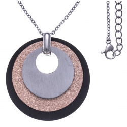 Collier acier 3 tons - acier,  rose satiné et noir - 3 ronds - diamètre 3,5cm - 45+5cm