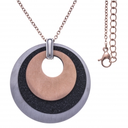 Collier acier 3 tons - rosé,  noir satiné et acier - 3 ronds - diamètre 3,5cm - 45+5cm