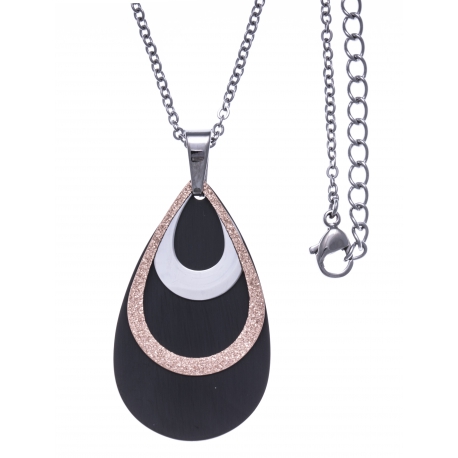 Collier acier 3 tons - acier, rosé satiné et noir - 3 gouttes - hauteur 4cm - 45+5cm