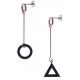 Boucles d'oreilles acier 2 tons - rosé et noir satiné - rond et triangle dépareillés - hauteur 6cm