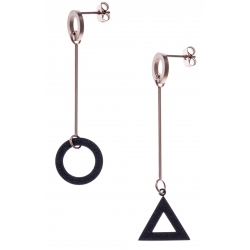 Boucles d'oreilles acier 2 tons - rosé et noir satiné - rond et triangle dépareillés - hauteur 6cm