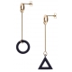 Boucles d'oreilles acier 2 tons - doré et noir satiné - rond et triangle dépareillés - hauteur 6cm