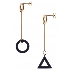 Boucles d'oreilles acier 2 tons - doré et noir satiné - rond et triangle dépareillés - hauteur 6cm