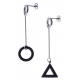 Boucles d'oreilles acier 2 tons - blanc et noir satiné - rond et triangle dépareillés - hauteur 6cm