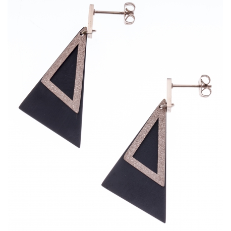 Boucles d'oreilles acier 2 tons - rosé  satiné et noir - triangles - hauteur 4,5cm