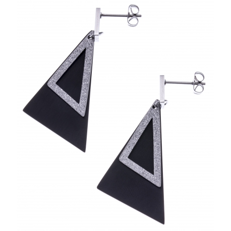 Boucles d'oreilles acier 2 tons - acier satiné et noir - triangles - hauteur 4,5cm