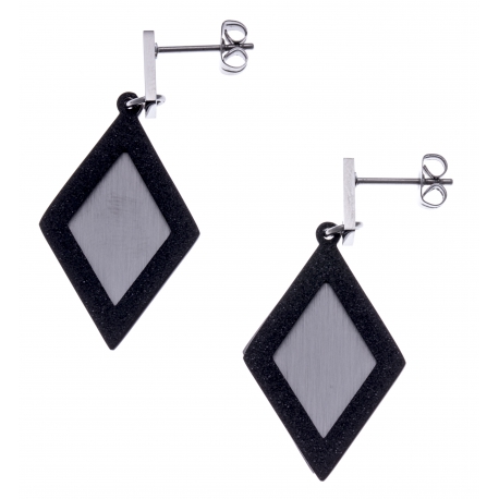 Boucles d'oreilles acier 2 tons - aciet et noir satiné - losanges - hauteur 4,5cm