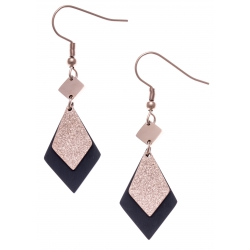 Boucles d'oreilles acier 2 tons - rosé satiné et noir - losange - hauteur 3cm