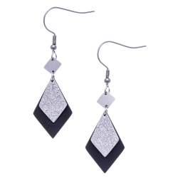 Boucles d'oreilles acier 2 tons - acier satiné et noir - losange - hauteur 3cm