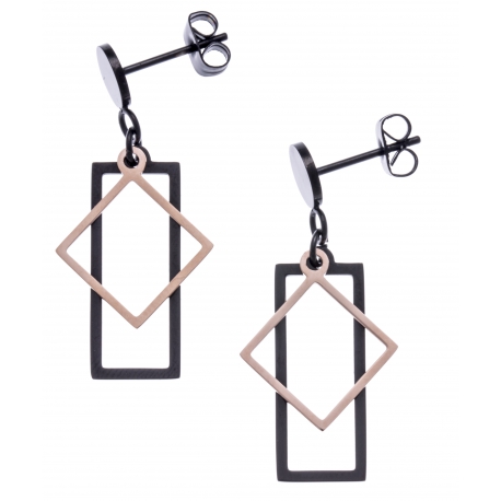 Boucles d'oreilles acier 2 tons - rosé et noir - rectangle et losange - hauteur 2,5cm