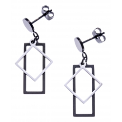 Boucles d'oreilles acier 2 tons - acier et noir - rectangle et losange - hauteur 2,5cm