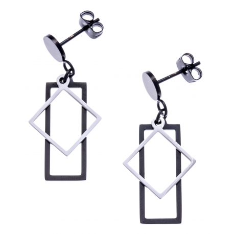 Boucles d'oreilles acier 2 tons - acier et noir - rectangle et losange - hauteur 2,5cm