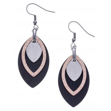 Boucles d'oreille acier 2 tons - rosé satiné, acier et noir - losange - hauteur 3,5cm